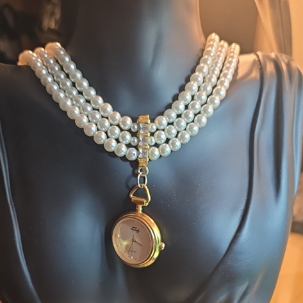 Pearl Necklace with Gold Watch Pendant